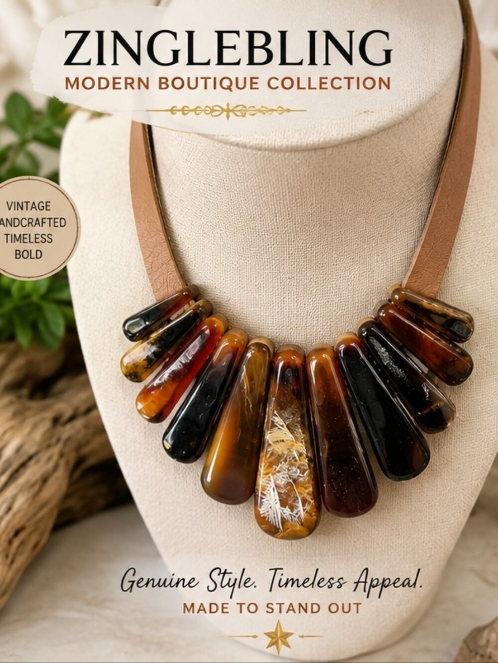 Vintage Genuine Leather Acrylic Statement Necklace Brown Amber Tortoiseshell Bib